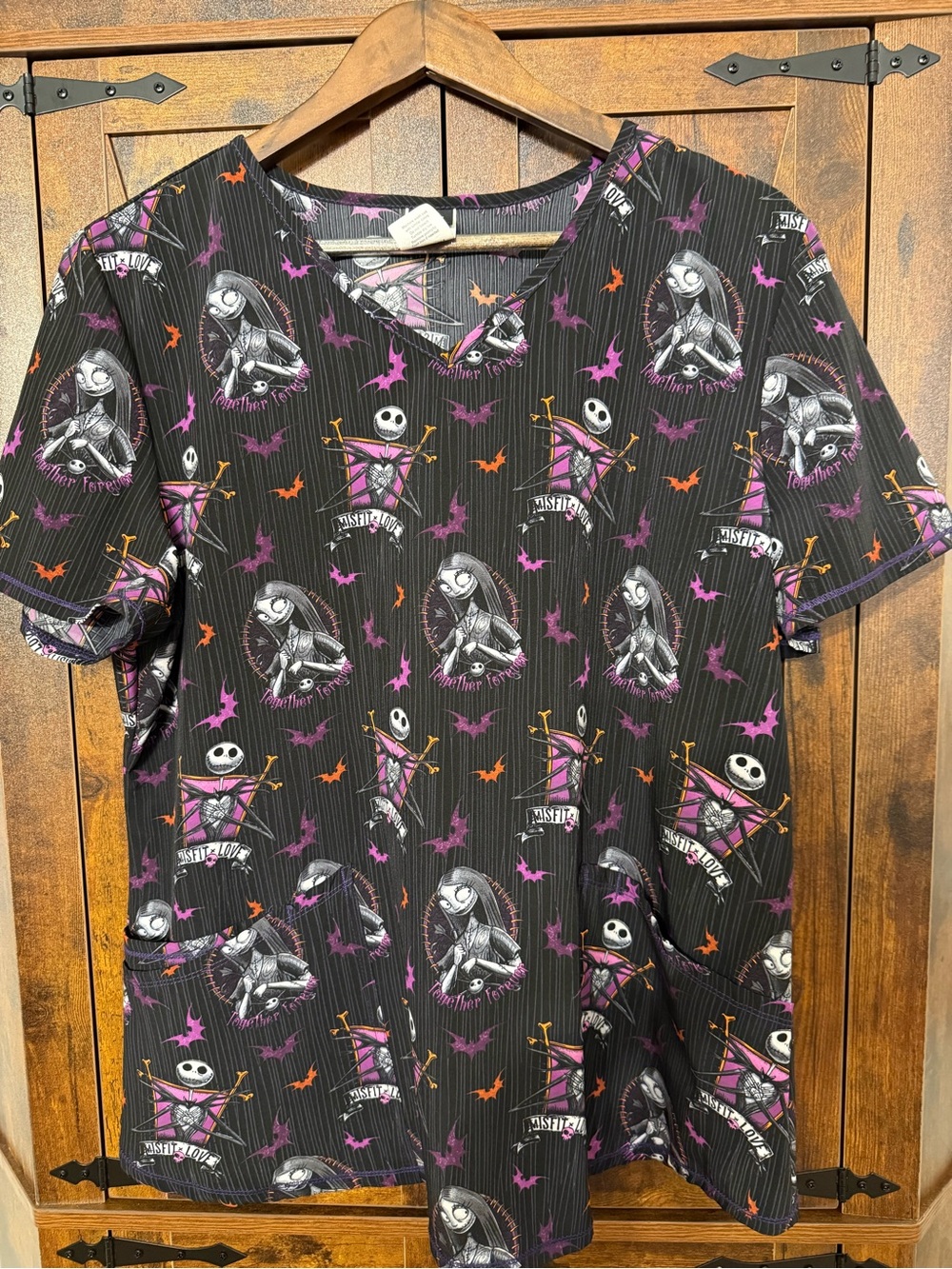 Disney Black Scrub Top with Purple and Orange Jack Skellington Print Large